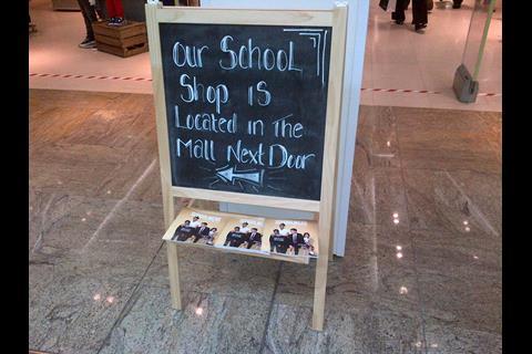 M&S Back to School standalone pop-up store sign in the Trafford Centre